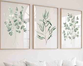 Sage Green Wall Art Three Piece Triptych, Olive Branch & Eucalyptus Prints, Relaxing Minimalist Wall Decor, Watercolor Spring Summer Art