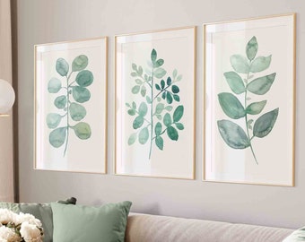 Watercolor Wall Art Set of 3 Eucalyptus Art Prints, Triptic Wall Art, Softness Art Print, Light Green Artwork, Minimalist Wall Decor