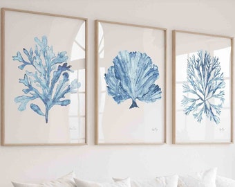 Sky Blue Coral Seaweed Wall Art Set of 3 Prints, Minimalist Wall Decor, Botanical Illustration, Blue Watercolor Print, Spring Summer Art