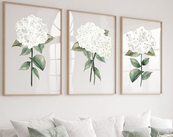 White Hydrangea Watercolor Painting Set of 3 Prints Minimalist Wall Decor Hand Painted Wall Art Extra Large Posters White Botanical Art