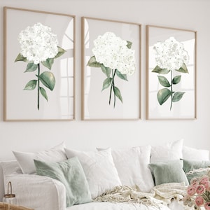 Set di pittura ad acquerello di ortensia bianca di 3 stampe Decorazione da parete minimalista Arte da parete dipinta a mano Poster extra large Arte botanica bianca