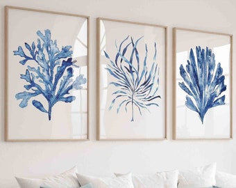 Nautical Set of 3 Navy Blue Coral & Seaweed Prints, Minimalist Watercolor Artwork, Beach House Wall Decor, Extra Large Poster Nature Print