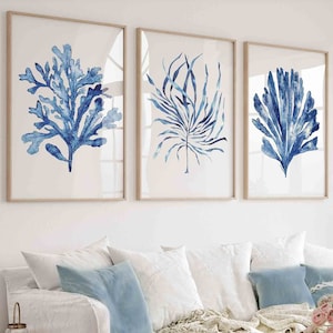 Nautical Set of 3 Navy Blue Coral & Seaweed Prints, Minimalist Watercolor Artwork, Beach House Wall Decor, Extra Large Poster Nature Print