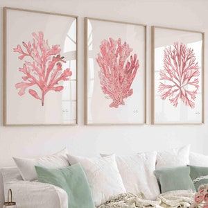Coral Pink Seaweed Wall Art Print Set of 3 Minimalist Coastal Decor Modern Beach House Extra Large Poster, Hamptons Artwork Gift for Her