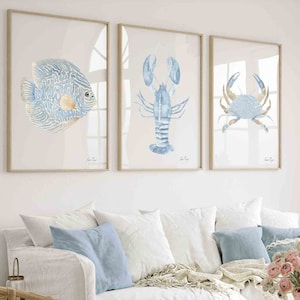 Coastal Wall Decor Blue Watercolor Set of 3 Prints Minimalist Nautical Coastal Wall Art Baby Nursery Kids Room Modern Hamptons Style Artwork