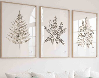 Set di stampe di felci ad acquerello: arte murale botanica minimalista color tortora