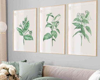 Watercolor Botanical Set of 3 Wall Art Prints, Green Minimalist Wall Decor, Gift for Her, Handmade Painting, Nature Art