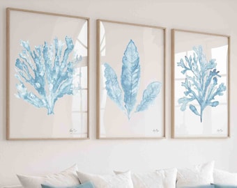 Coral Seaweed Wall Art Prints in Light Blue Set of 3, Pale Blue Sea Fan Watercolor Painting, Coastal Wall Art, Modern Coastal Decor