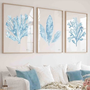 Coral Seaweed Wall Art Prints in Light Blue Set of 3, Pale Blue Sea Fan Watercolor Painting, Coastal Wall Art, Modern Coastal Decor