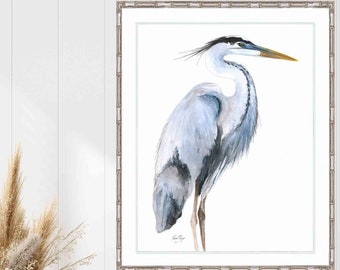Great Blue Heron Art Print, Decor minimaliste, One Piece Poster, Handmade Heron Print, Aquarelle Bird, Cadeau pour elle