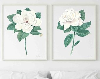 Watercolor White Magnolia & Gardenia Set of 2 Prints, Minimalist Botanical Wall Decor, Hand-painted Wall Art, Extra Large Fine Art Posters