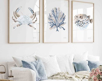 Coastal Wall Art Seaweed Crab Puffer Fish Minimalist Wall Decor Beige Blue Home Decor Contemporary Beach House Art Set of 3 Sea Life