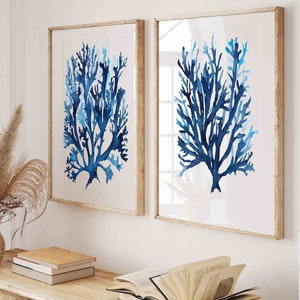 Minimalist Coral Seaweed Wall Art Prints Set of 2, Indigo Blue Watercolor Prints, Nature Print, Gift for Her