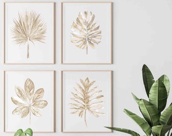 Taupe Beige Tropical Leaf Watercolor Paintings Set of 4 Prints, Minimalist Wall Decor Botanical Prints, Hamptons Nautical Wall Decor