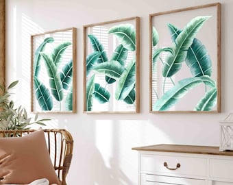 Tropical Watercolor Leaf Set of 3 Prints, Banana Palm Leaf 3 Piece Set, Minimalist Home Decor, Greenery Print, Botanical Art, Green Leaf Art