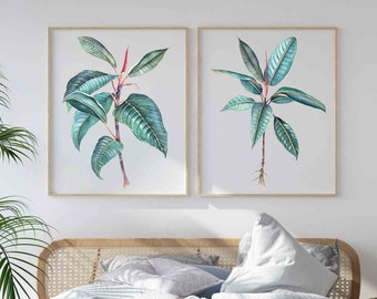 Set of 2 Green Botanical Wall Art Prints, Minimalist Home Decor, Ficus Wall Art, Bedroom Decor, Farmhouse Decor, Living Room Decor