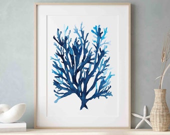 Indigo Blue Coral Seaweed Wall Art Print Minimalist Modern Coastal Wall Decor Hamptons Style Art Gift for Her Anniversary Housewarming