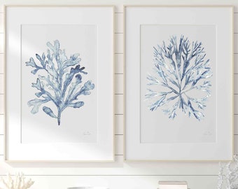 Coral Seaweed Wall Art in Sky Blue & Beige Set of 2 Prints, Watercolor Botanical Artwork, Modern Coastal Beach House Decor Hamptons Style