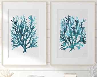 Minimalist Teal Blue Green Wall Art Print Set of 2 Coral Seaweed, Gift for Her Nature Print, Coastal Nautical Housewarming Gift Anniversary