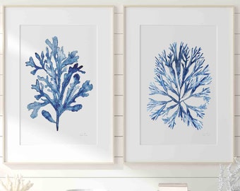 Coral Seaweed Navy Blue Watercolor Set of 2 Prints, Coastal Wall Art Minimalist Decor, Nautical Room Decor Beach House Art Nature Print