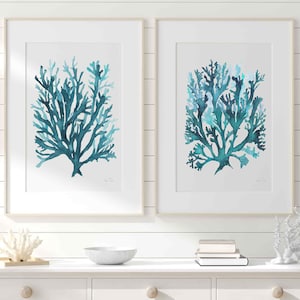 Minimalist Teal Blue Green Wall Art Print Set of 2 Coral Seaweed, Gift for Her Nature Print, Coastal Nautical Housewarming Gift Anniversary