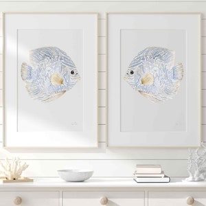 Blue Abstract Fish Wall Art Set of 2 Prints Watercolor Discus Fish Minimalist Painting Modern Coastal Decor Summer Artwork Beach House Art
