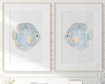 Blue Abstract Fish Watercolor Wall Art Set of 2 Prints Discus Fish Minimalist Painting Modern Coastal Decor Summer Artwork Beach House Art