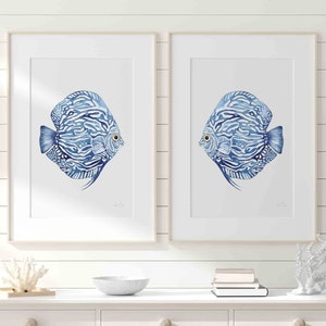 Tropical Fish Artwork Set of 2 Prints Discus Fish Modern Coastal Wall Decor Marine Beach House Watercolor Painting Hamptons Sea Life Art