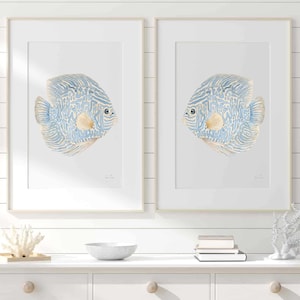 Blue Abstract Fish Watercolor Wall Art Set of 2 Prints Discus Fish Minimalist Painting Modern Coastal Decor Summer Artwork Beach House Art