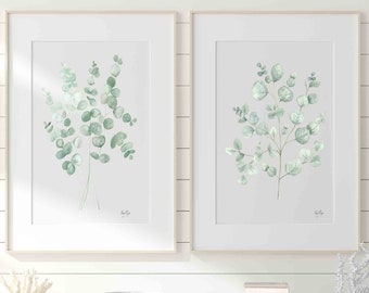 Eucalyptus Bundle Minimalist Wall Decor Light Sage Green, Handmade Hand Painted Watercolor Prints, Modern Botanical Prints Set of 2