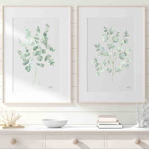 Eucalyptus Bundle Minimalist Wall Decor Light Sage Green, Handmade Hand Painted Watercolor Prints, Modern Botanical Prints Set of 2 image 1