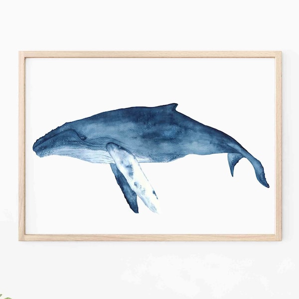 Minimalist Blue Whale Wall Art Print, Watercolor Whale Painting, Nautical Wall Decor, Navy Blue Artwork, Coastal Wall Art