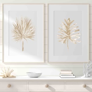 Tropical Palm Leaves Beige Ecru Set of 2 Wall Art Prints Modern Wall Decor Minimalist Botanical Illustration Extra Large Posters Nature Art