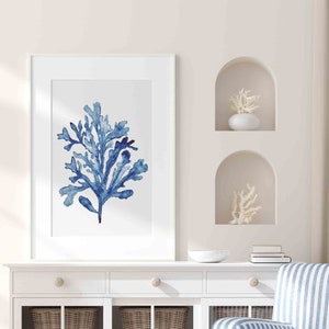 Navy Blue Coral Seaweed Wall Art Print Denim Blue Minimalist Artwork Coastal Wall Decor Botanical Nautical Room Decor Beach House Art