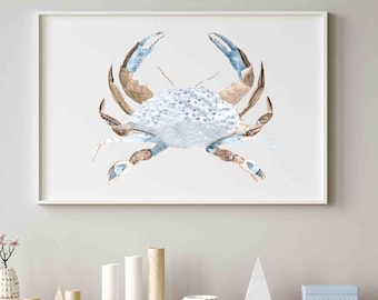 Blue Beige Crab Wall Art Minimalist Watercolor Painting, Extra Large Fine Art Poster, Coastal Home Decor Nautical Beach House Gift for Boy