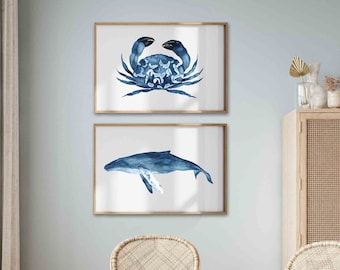 Blue Whale & Crab Watercolor Wall Art Modern Coastal Wall Decor Marine Wall Art Beach House Decor Blue Sea Life Painting Hamptons Artwork