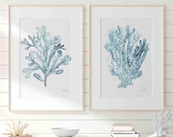 Coral Seaweed Sky Blue Set of 2 Wall Art Prints, Coastal Wall Art Sea Fern Watercolor Painting, Modern Beach House Nautical Wall Decor