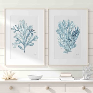 Coral Seaweed Sky Blue Set of 2 Wall Art Prints, Coastal Wall Art Sea Fern Watercolor Painting, Modern Beach House Nautical Wall Decor