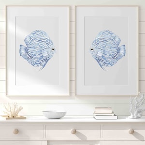 Abstract Blue Fish Set of 2 Prints Coastal Farmhouse Decor Minimalist Modern Watercolor Art Poster Large Living Room Art Driftwood Interiors