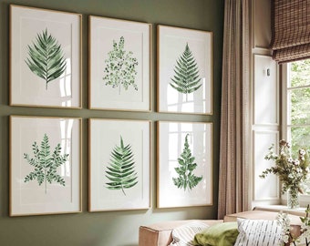 Set of 6 Green Fern Wall Art Prints Minimalist Watercolor Wall Decor, Nature Art Green Botanical Prints, Extra Large Posters