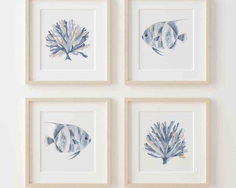 Nautical Decor Coral Seaweed Angel Fish in Blue Beige Set of 4 Wall Art Prints Minimalist Coastal Art Modern Beach House Watercolor Painting