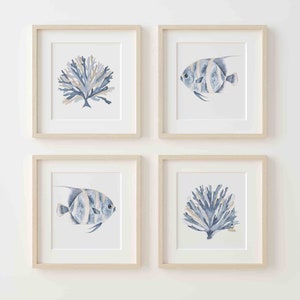 Nautical Decor Coral Seaweed Angel Fish in Blue Beige Set of 4 Wall Art Prints Minimalist Coastal Art Modern Beach House Watercolor Painting