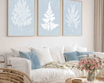Set di 3 stampe di felci ad acquerello, decorazione minimalista per la casa, stampa botanica, opera d'arte con fogliame, foglie di felce bianca, arte murale neutra
