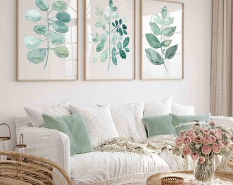 Sage Green Wall Art Set of 3 Eucalyptus Art Prints, Light Green Artwork, Minimalist Wall Decor