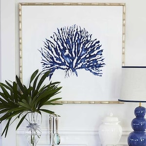 Minimalist Wall Decor Blue Coral Watercolor Print, Nautical Seaweed Beach House Decor, Hamptons Interiors Wall Art, Navy Blue Home Decor