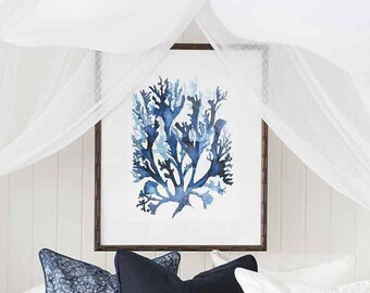 Minimalist Wall Art Print Indigo Blue Coral Seaweed | Coastal Wall Art | Watercolor Wall Art  | Blue Coral Print | Indigo Seaweed II 17"x22"