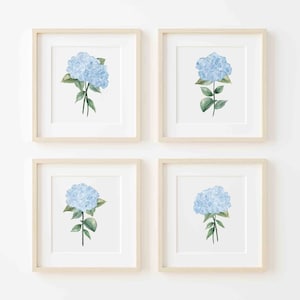 Blue Hydrangea Prints Minimalist Botanical Wall Decor, Hamptons Artwork Blue and White Prints, Extra Large Posters Set of 4 Watercolor Art