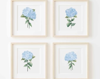 Blue Hydrangea Prints Minimalist Botanical Wall Decor, Hamptons Artwork Blue and White Prints, Extra Large Posters Set of 4 Watercolor Art