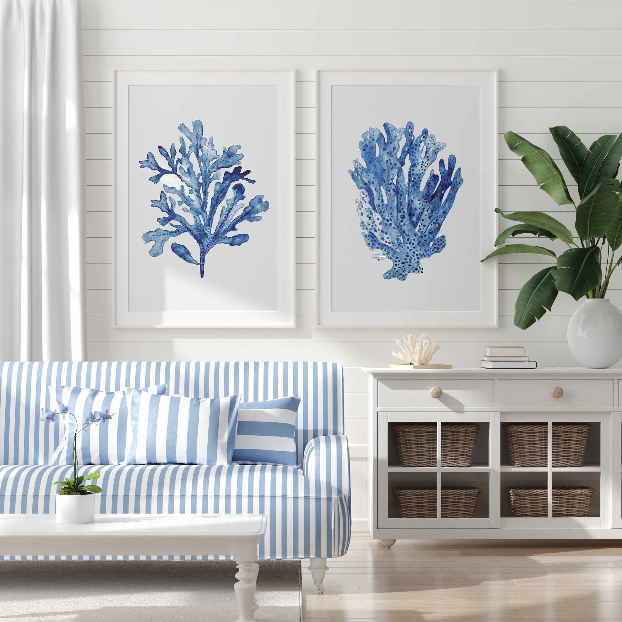 Navy Blue Coral Seaweed Watercolor Art Print Set - Etsy