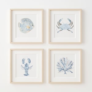 Coastal Wall Art Blue Minimalist Decor Set of 4 Nautical Beach House Artwork Crab Fish Coral Seaweed Print Set Gift for Baby Child Nursery